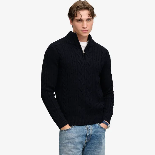 Superdry slim fit gebreide kabeltrui met kabels en wol - marineblauw
