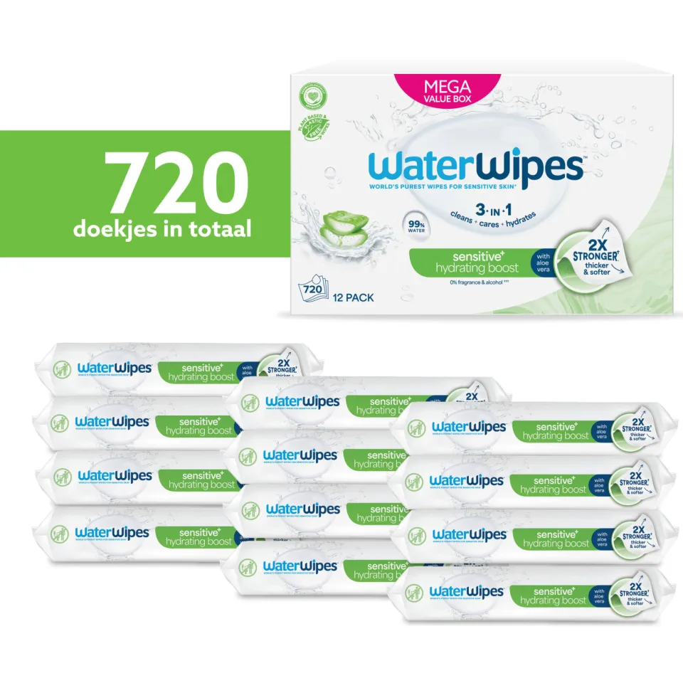 WaterWipes Hydrating Clean doekjes - Voordeeldoos 12 x 60 - Plasticvrij - Gevoelige huid, foto 6