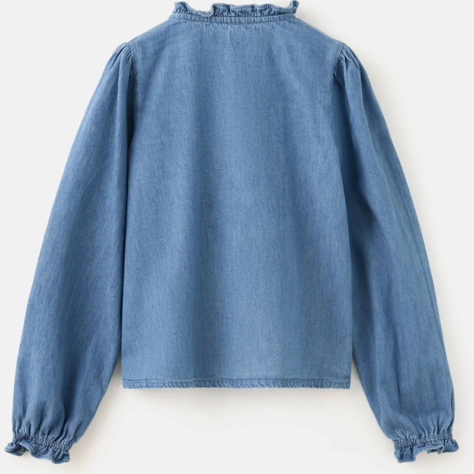 Mango denim blouse met ruches blauw, foto 3