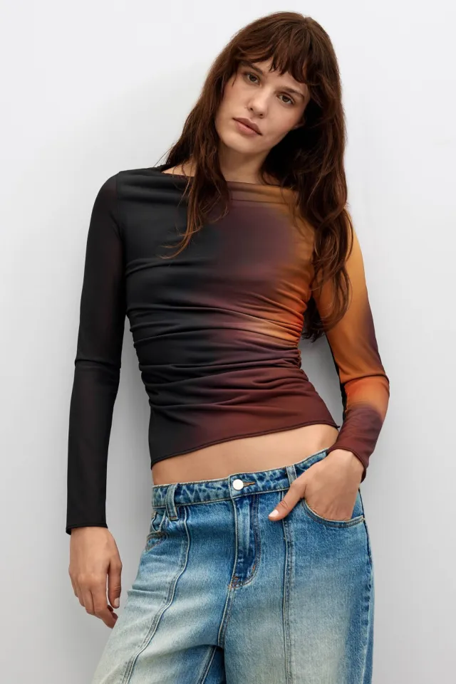 Desigual top met tule details - donkerpaars/geel