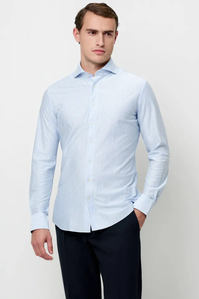 Profuomo Japanese Knitted Slim Fit Jersey overhemd blauw gestreept, foto 3