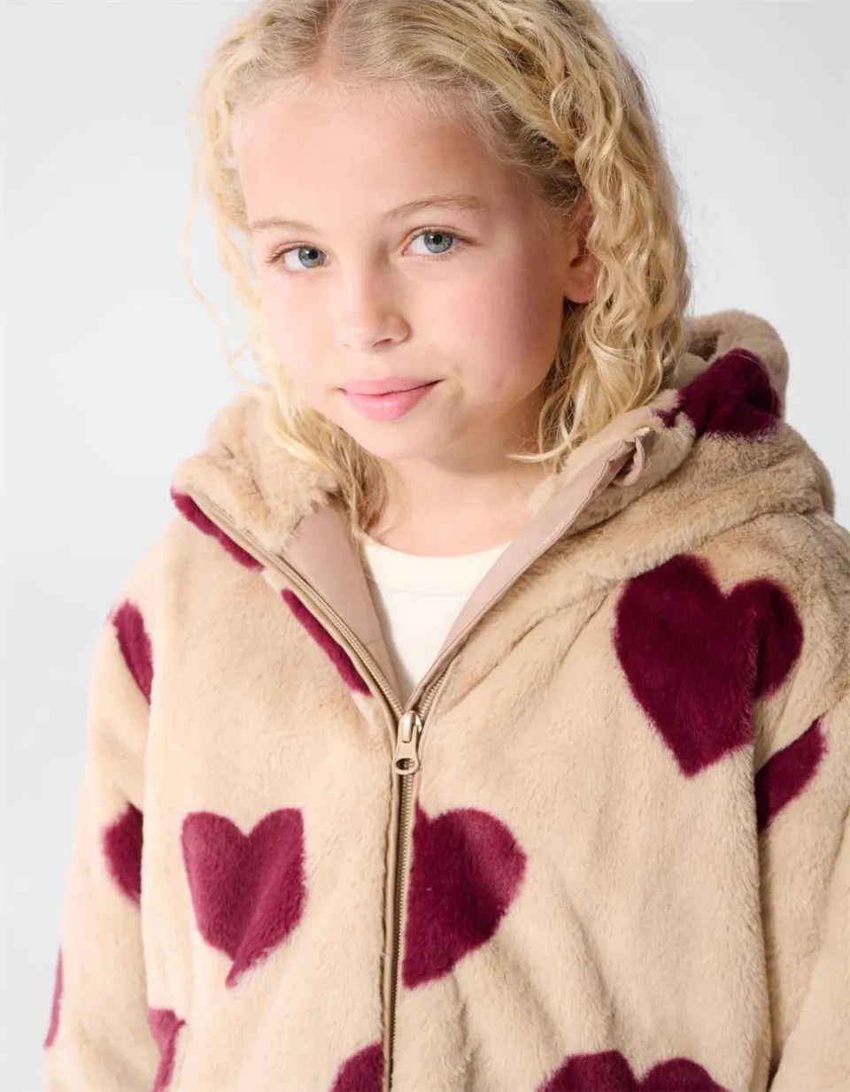 Shoeby teddy winterjas met hartjes - beige/donkerrood, foto 7