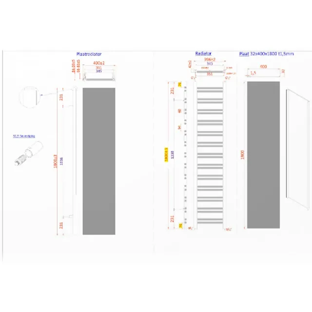 Sanicare Radiator Sanicare Denso 180 x 40 cm. Mat Zwart Met Thermostaat Chroom Linksonder