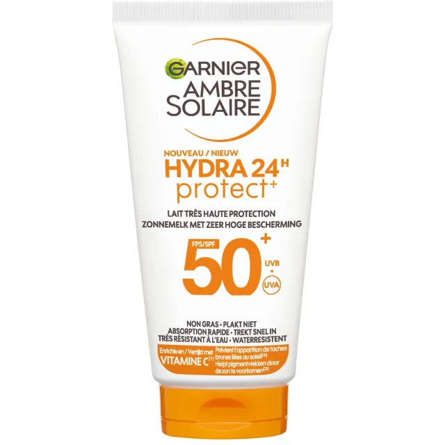 Garnier Ambre Solaire Hydra 24H Protect Lotion Zonnebrandcrème SPF 50+ 50ml - Reisformaat - Waterresistent – Niet vet Wit