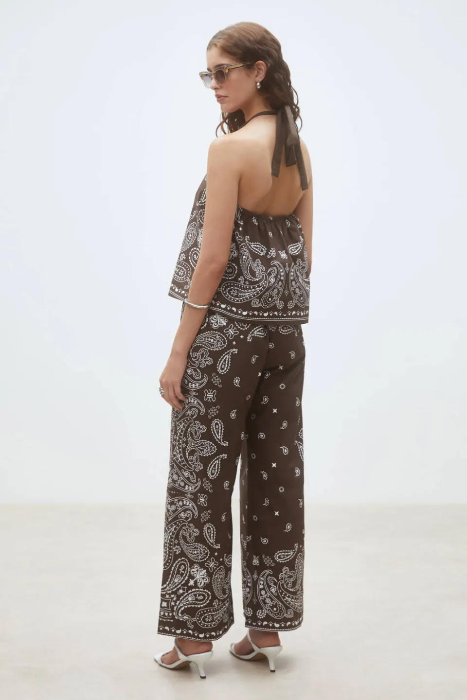 Suncoo wide leg high waist broek met paisley print bruin, foto 3
