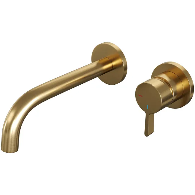 Brauer Inbouw Wastafelmengkraan Brauer Gold Edition Coldstart Gebogen Uitloop Halfronde Hendel Rechts Geborsteld Goud PVD Met Rozetten