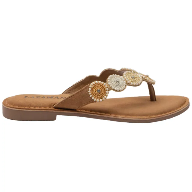 Lazamani Loua leren teenslippers met kraaltjes cognac/beige
