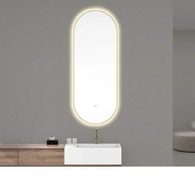 Wiesbaden Ovale Spiegel Wiesbaden Nomi met Dimbare LED Verlichting en Spiegelverwarming 50 x 100 cm Geborsteld Messing Goud