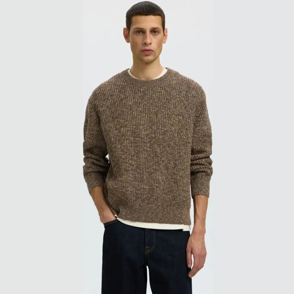 Selected relaxed fit pullover van pure katoen model 'TILUM' Bruin
