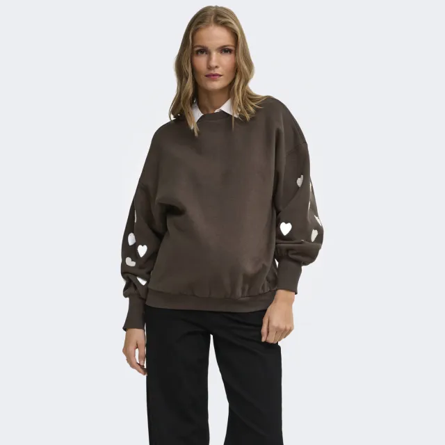 Only MATERNITY rechtvallend zwangerschapssweater met borduursels en hartjes - bruin
