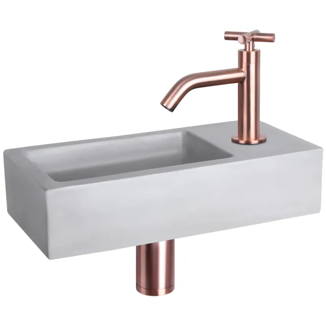 Differnz Fonteinset Differnz Ravo Beton 38.5x18.5x9 cm Licht Grijs Met Gebogen Kruis Kraan Rood Koper