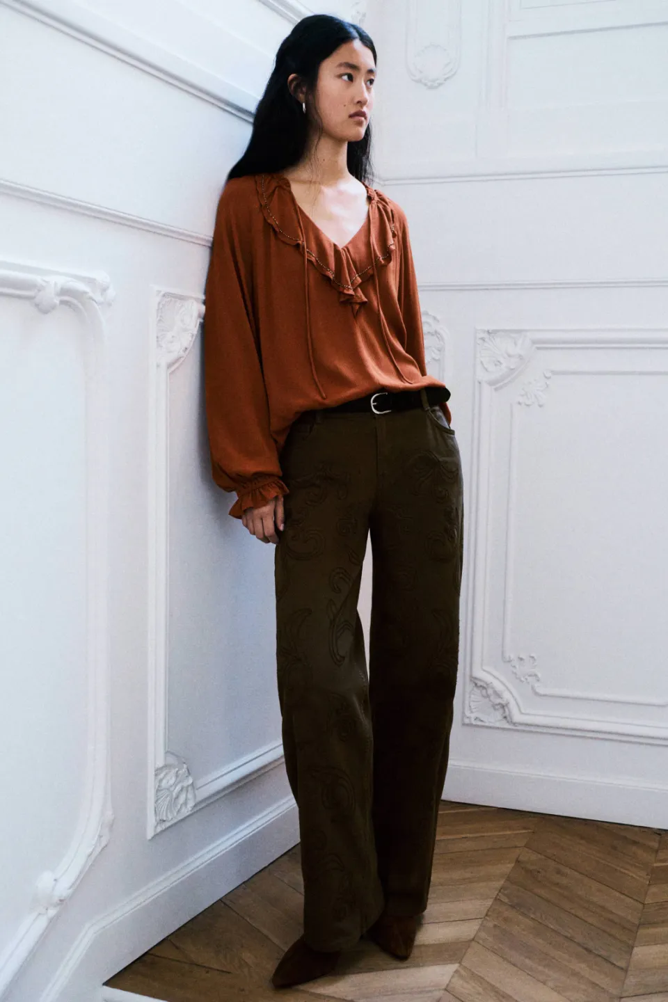 Mango semi-transparante blousetop met ruches bruin, foto 4