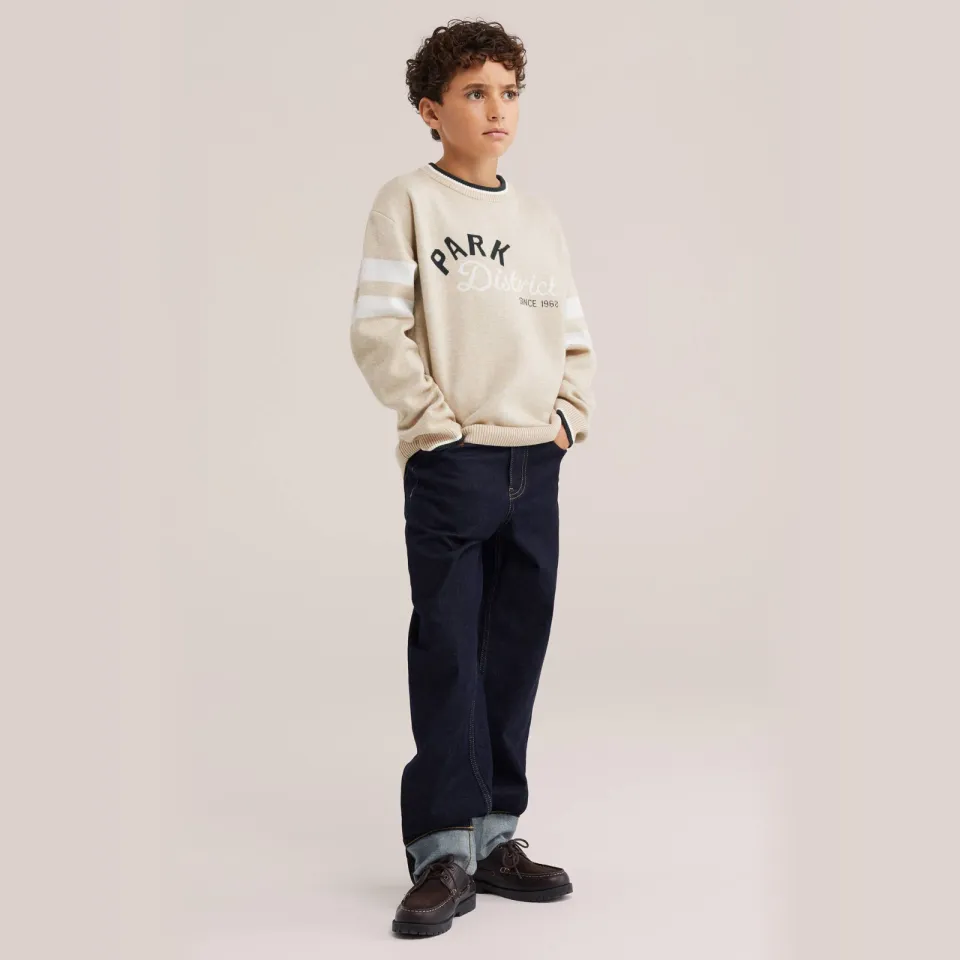 WE Fashion gebreide gestreepte trui met tekst - beige, foto 3