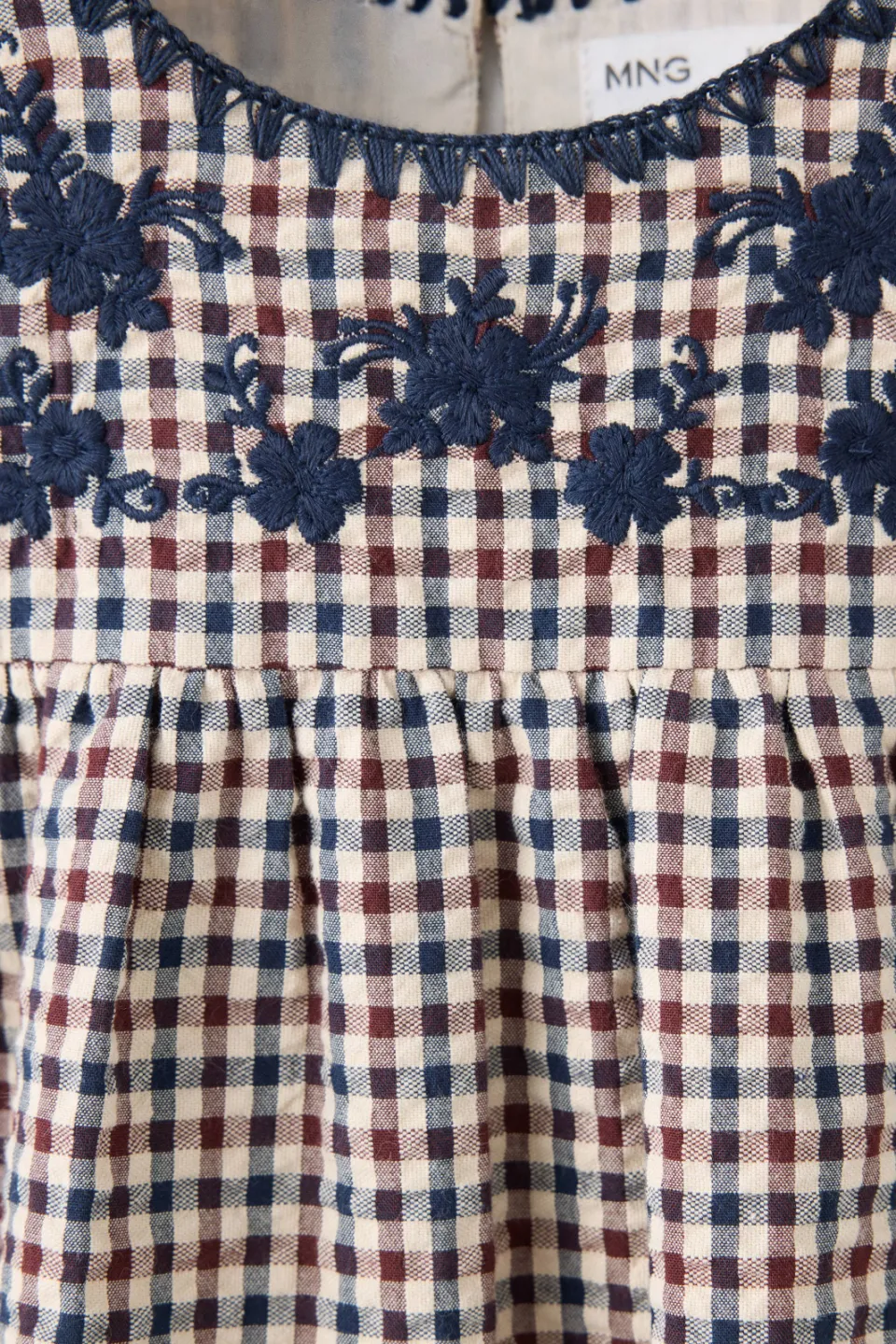 Mango geruite korte A-lijn jurk met ruches marineblauw/ecru/rood, foto 5