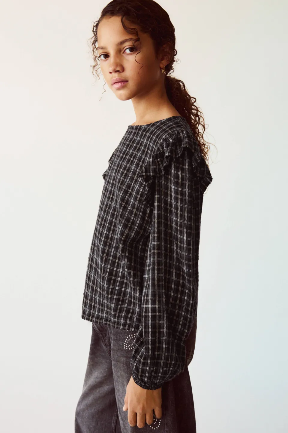 Mango Kids geruite blousetop met ruches zwart