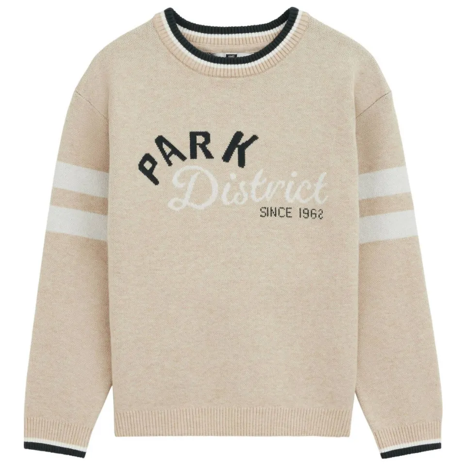 WE Fashion gebreide gestreepte trui met tekst - beige, foto 2
