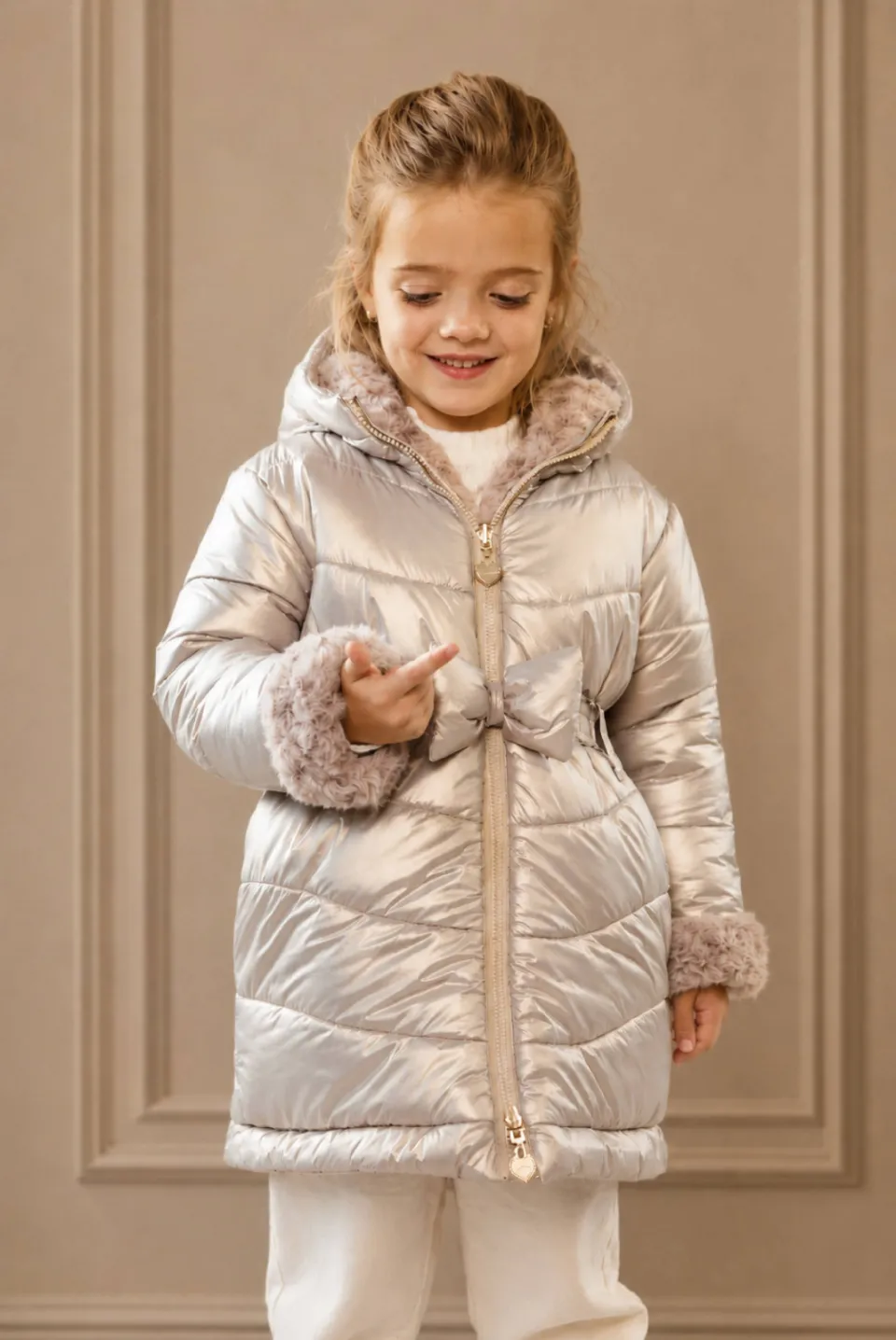 Le Chic reversible faux fur winterjas met ceintuur goud Goud/lichtbruin