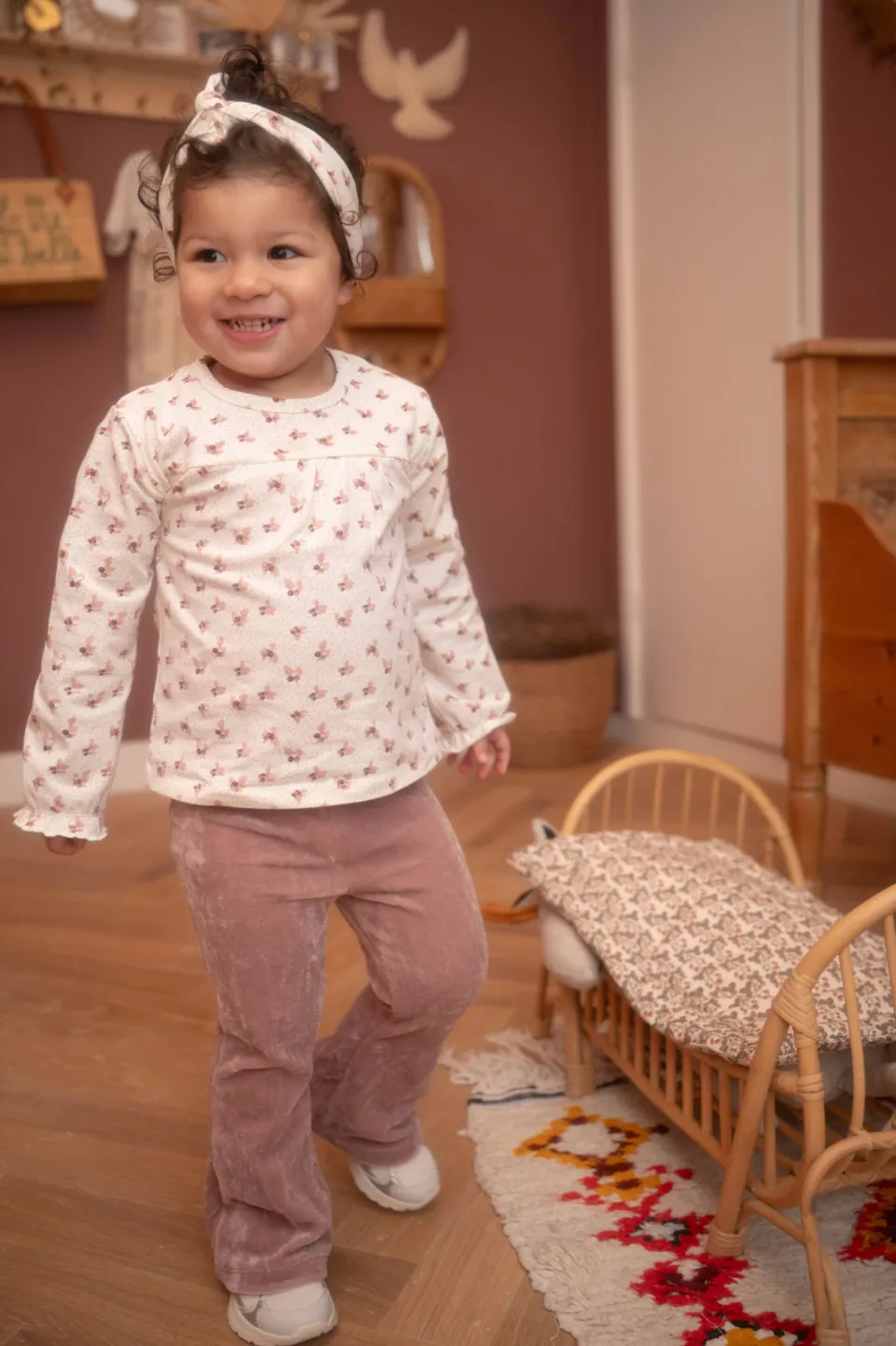 Dirkje longsleeve + broek + haarband met print - roze Roze / wit