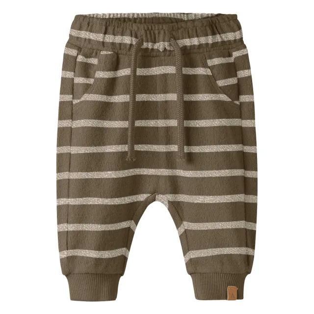Lil' Atelier gebreide gestreepte babybroek bruingroen, foto 2