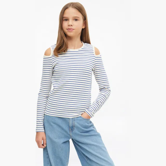 s.Oliver gestreepte longsleeve met cut-out wit/blauw