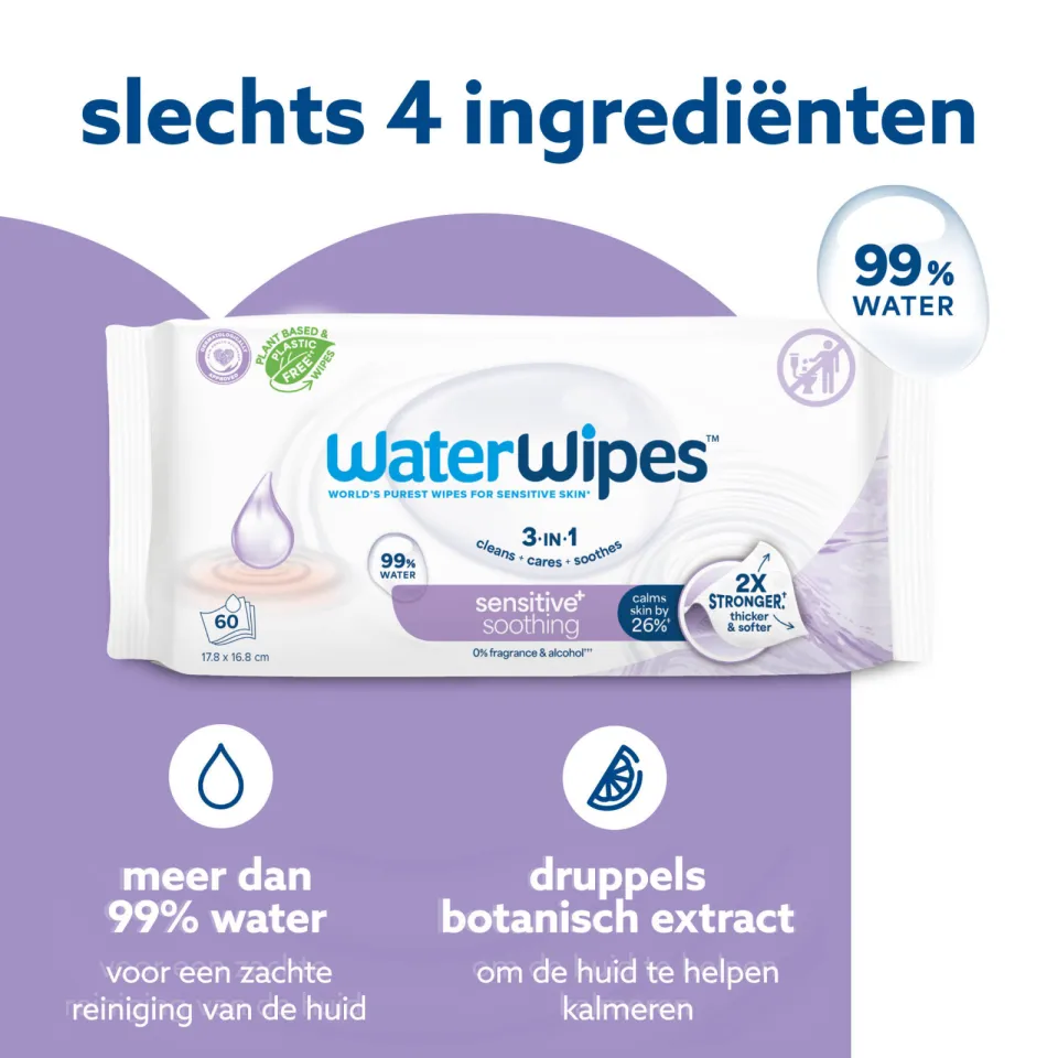 WaterWipes Soothing Clean doekjes - Voordeeldoos 12 x 60 - Plasticvrij - Gevoelige huid, foto 4