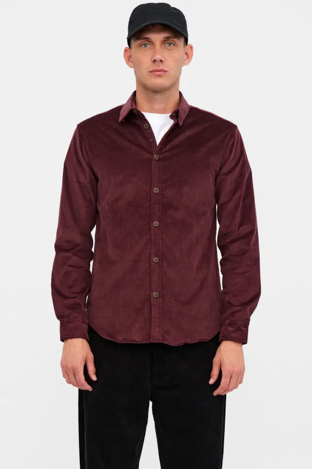 Anerkjendt regular fit corduroy overhemd - donkerrood Vineyard wine