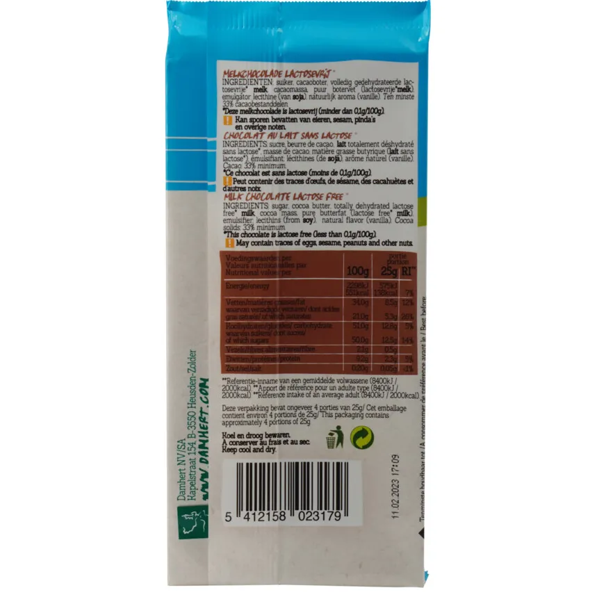 Damhert chocoladetablet melk lactosevrij, foto 2