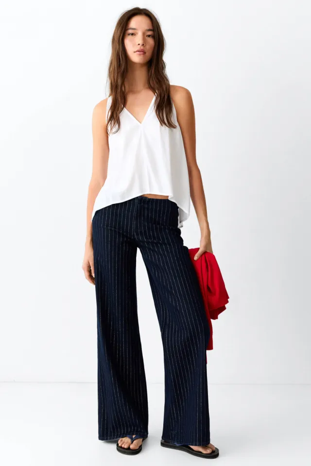 Mango TEEN wide leg jeans met krijtstreep - donkerblauw