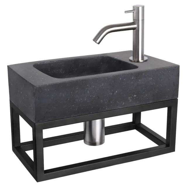 Differnz Fonteinset Differnz Bombai Natuursteen en Handoekrek 40x22x9 cm Zwart Met Gebogen Kraan Mat Chroom