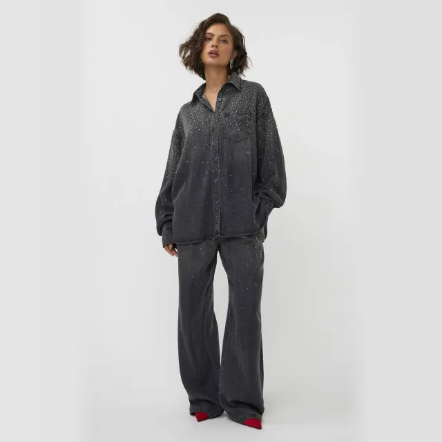 Studio AMAYA wide leg denim broek met strass-steentjes - grey denim