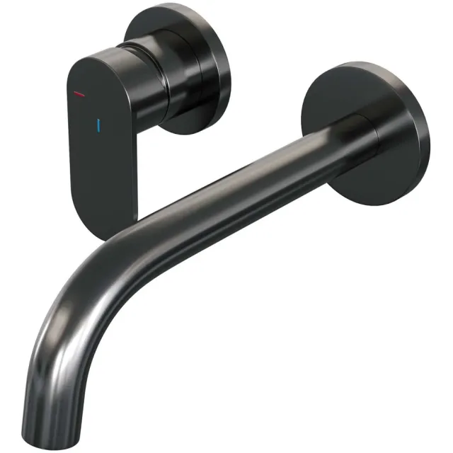 Brauer Inbouw Wastafelmengkraan Brauer Gunmetal Edition Coldstart Gebogen Uitloop Platte Hendel Links Geborsteld Gunmetal PVD Met Rozetten