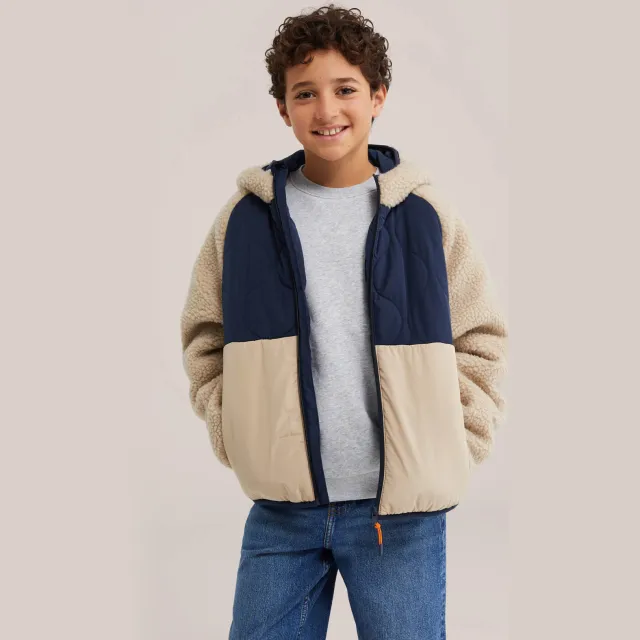 WE Fashion teddy winterjas beige Beige/donkerblauw