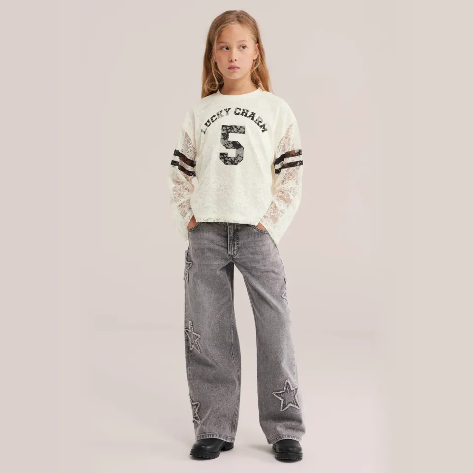 WE Fashion longsleeve met kant en tekst wit, foto 4