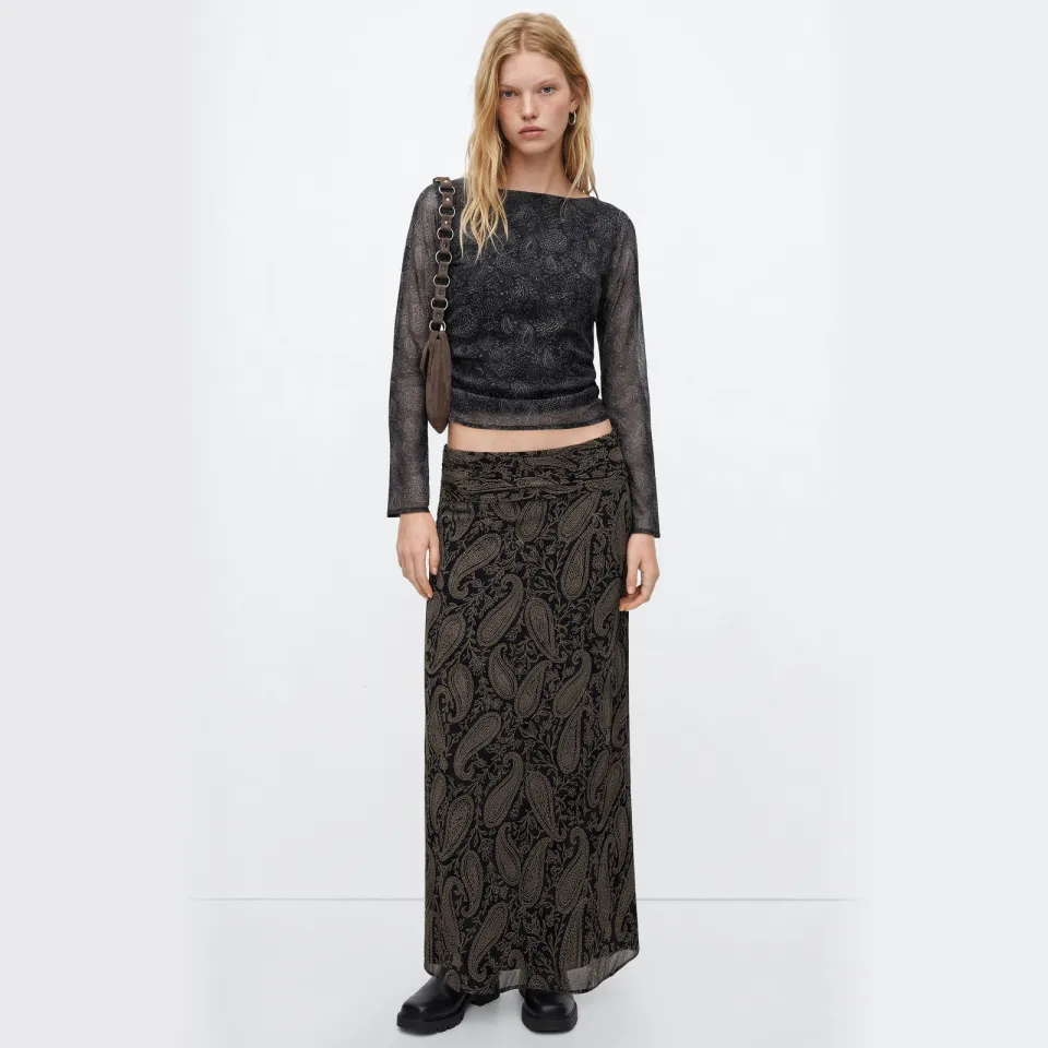 Mango Teen cropped blousetop met paisley zwart Zwart/wit