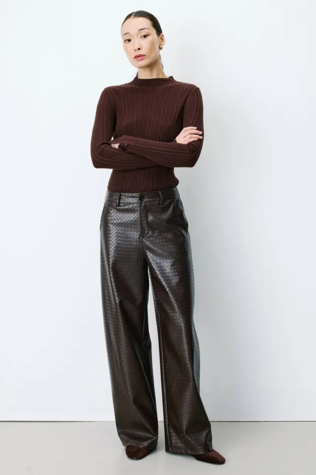 Grace & Mila imitatieleren wide leg coated broek - bruin