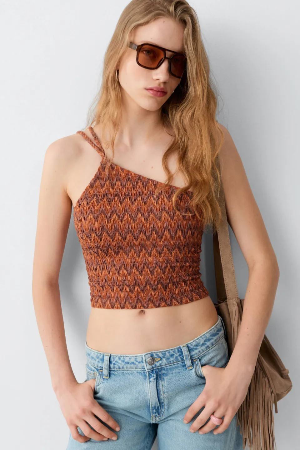Mango cropped top met smockwerk en print donkeroranje donker oranje/bruin, foto 6