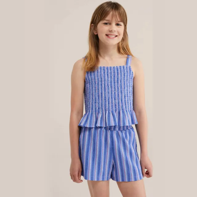 WE Fashion gestreepte mouwloze top blauw Blauw/roze