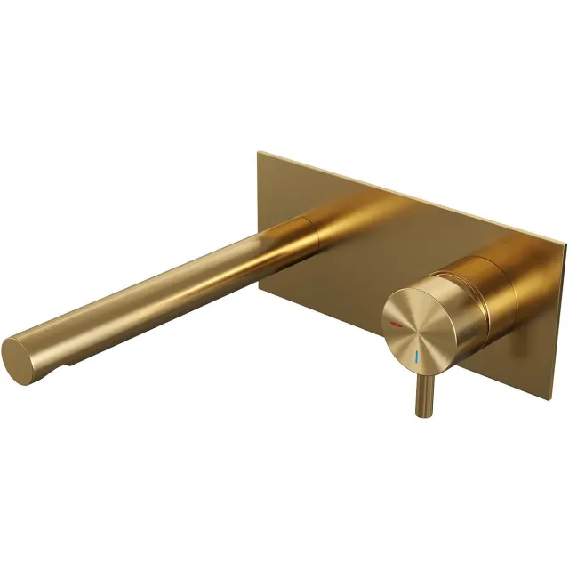 Brauer Inbouw Wastafelmengkraan Brauer Gold Edition Coldstart Rechte Uitloop Korte Ronde Hendel Rechts Geborsteld Goud PVD Met Afdekplaat