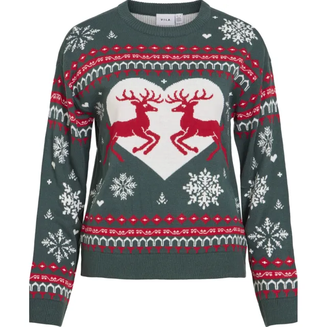 Vila gebreide kersttrui met print - donkergroen/rood