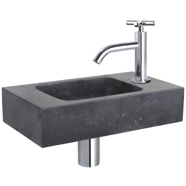 Differnz Fonteinset Differnz Bombai Natuursteen 40x22x9 cm Zwart Met Gebogen Kruis Kraan Chroom