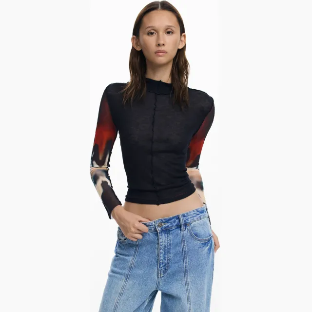 Desigual top met transparante mouwen - zwart Zwart/multi