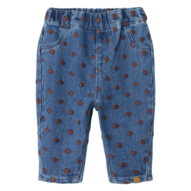 Lil' Atelier BABY loose fit jeans met borduursels en hartjes - dark blue denim