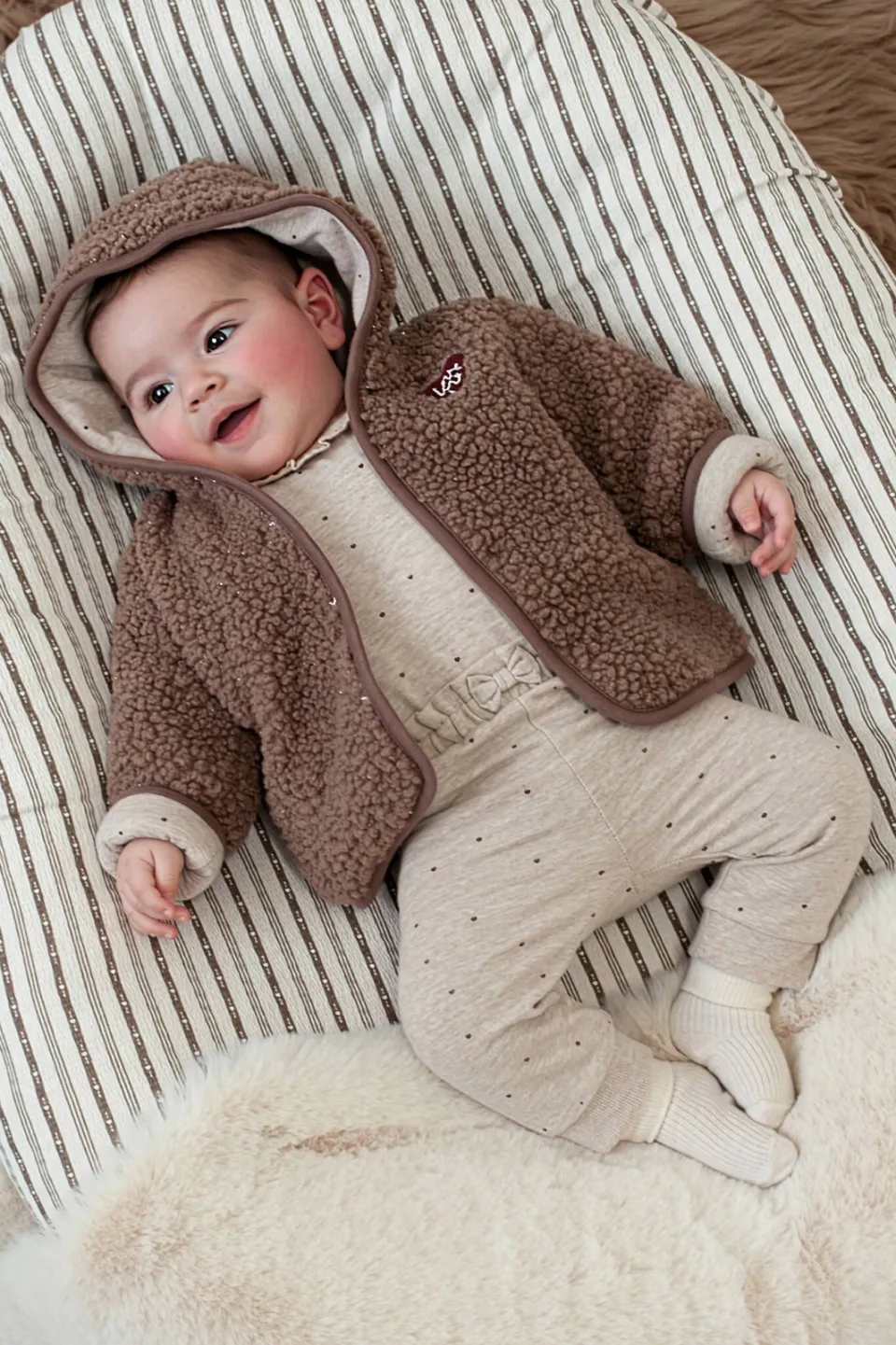 Feetje romper My Little Love met hartjes en ruches taupe/bordeaux, foto 4