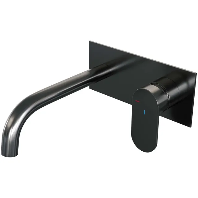 Brauer Inbouw Wastafelmengkraan Brauer Gunmetal Edition Coldstart Gebogen Uitloop Platte Hendel Rechts Geborsteld Gunmetal PVD Met Afdekplaat