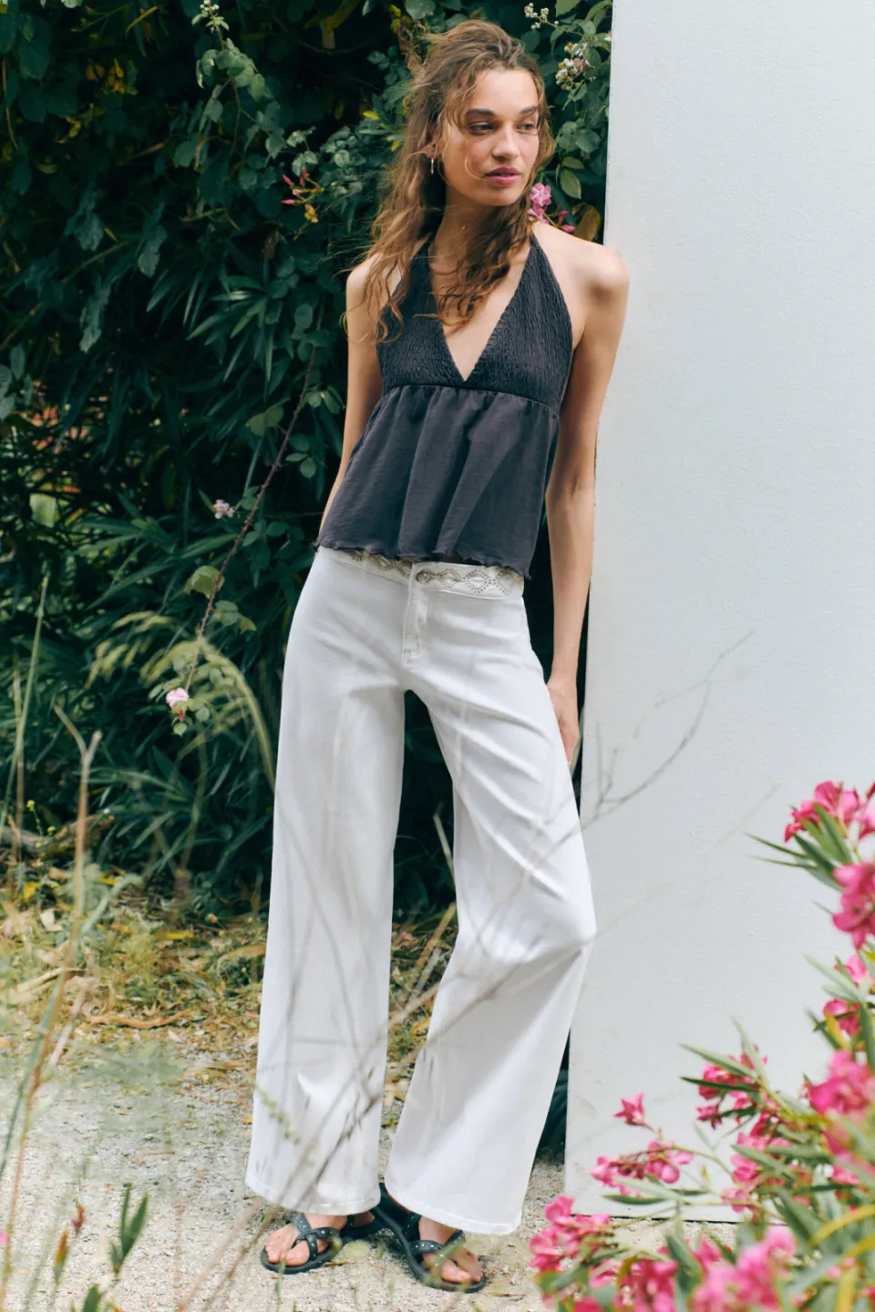 Mango TEEN low waist wide leg jeans met borduursels - wit
