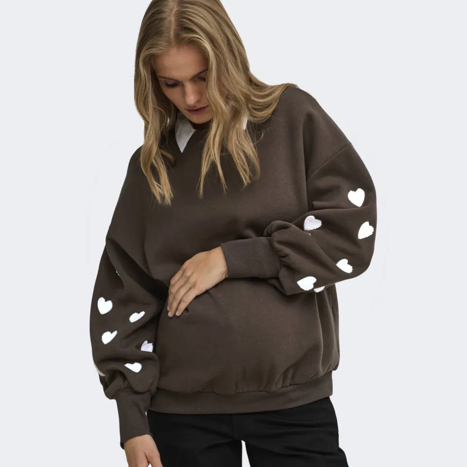 Only MATERNITY rechtvallend zwangerschapssweater met borduursels en hartjes - bruin, foto 5