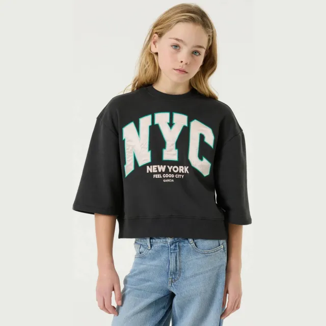 Garcia boxy cropped sweater met tekst - grijs Donkergrijs