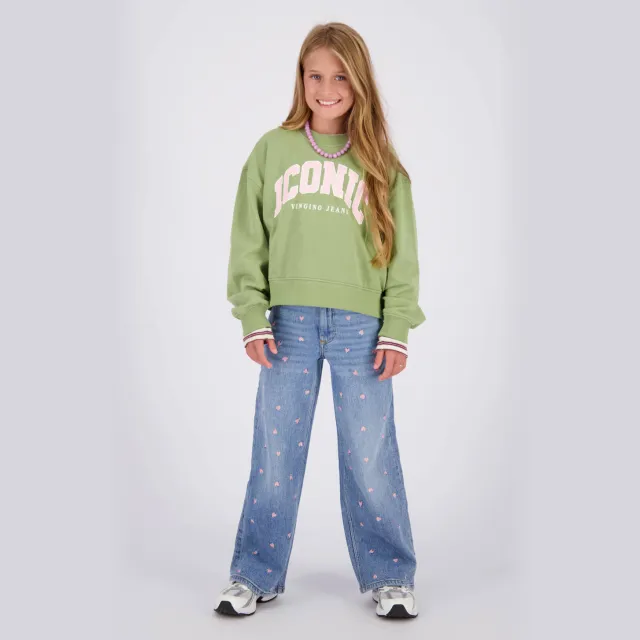 Vingino Cita Special wide leg jeans met borduursels en hartjes - lichtblauw Old Vintage