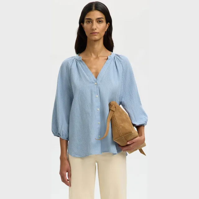 Selected gestreepte blouse met linnen lichtblauw