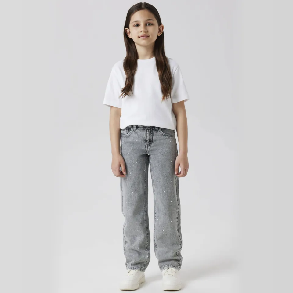 NAME IT KIDS straight leg jeans met strass-steentjes light grey denim